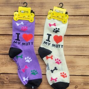 NWT Foozys I Love My Mutt Dog Socks - Lavender and Cream 2 Pair Set - Unisex